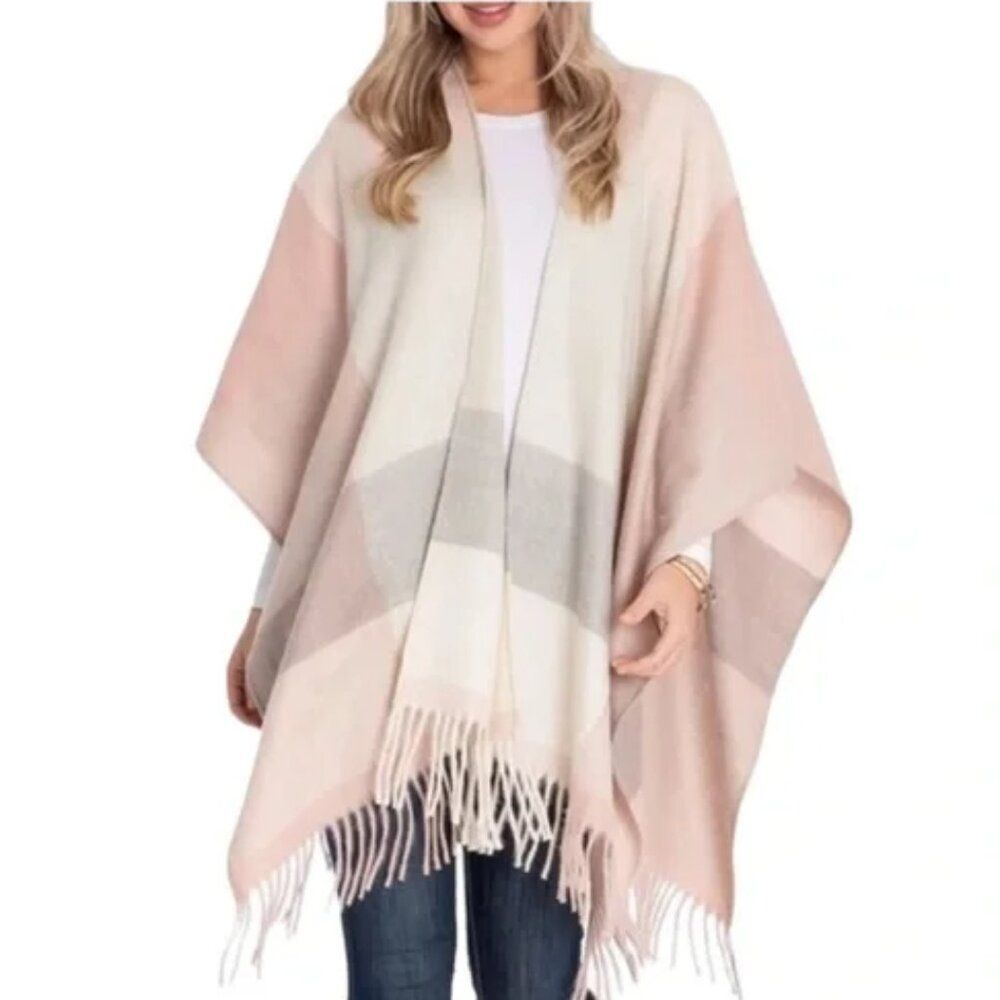 Woolrich Cozy Blanket Kimono  Aurora Plaid Light Pink Ivory One Size - Picture 2 of 9